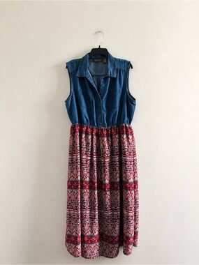 VTG Speed Control Dress Midi Blue Chambray Red Aztec Sleeveless Womens 3X Boho